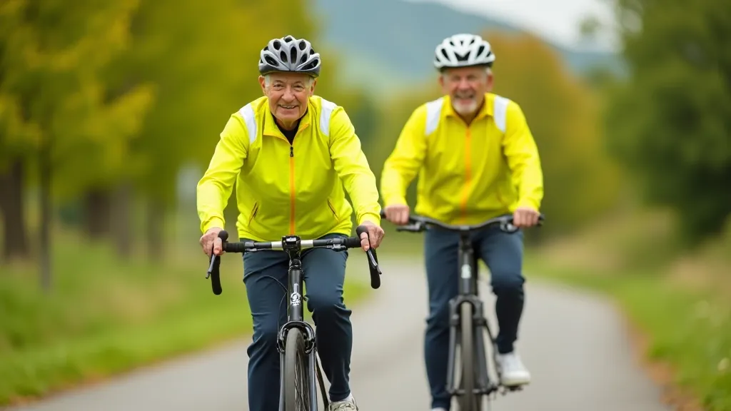 Divi senioru braucēji ar reflektējošiem drēbēm un velosipēdu apgaismojumu, braucošo ceļu pāri